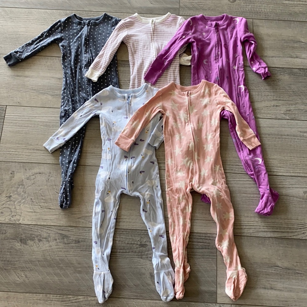 Lot of 5 Cute Zip Up Cotton Sleepers Girls PJs